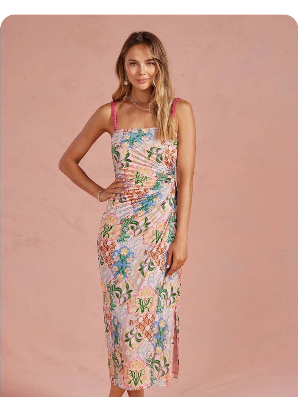 Floral Pink Midi Dress with Braided Straps